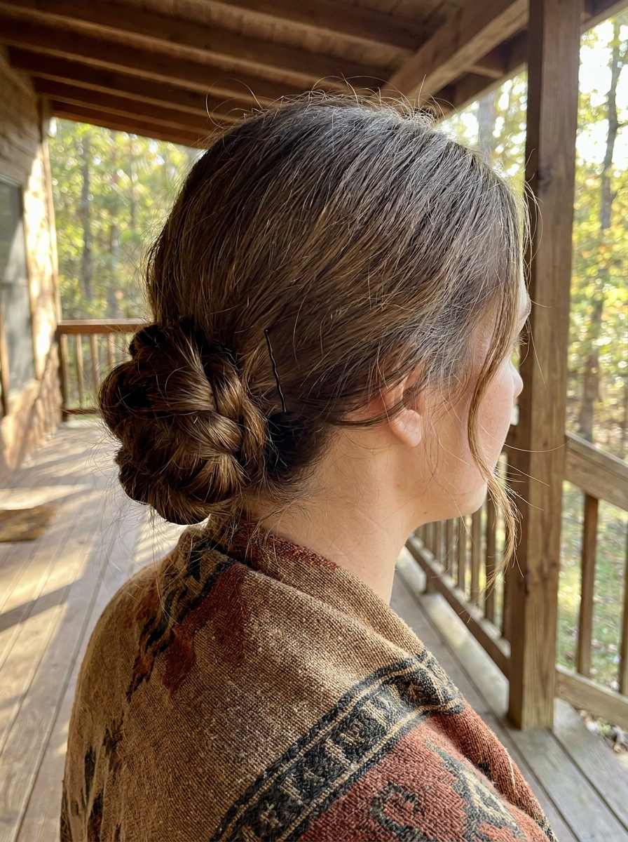 Geflochtener Low Bun als Einfache Dirndlfrisuren Inspiration 2026